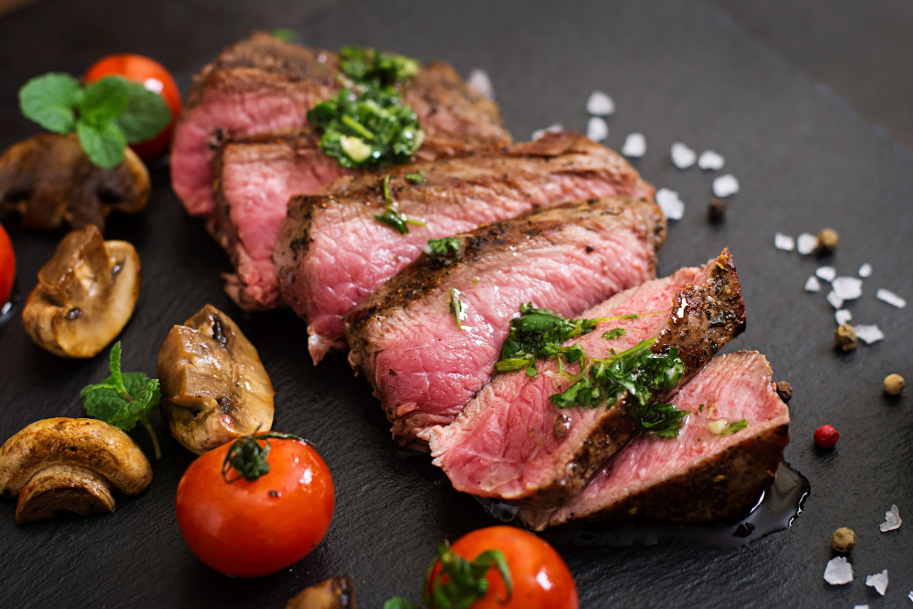 juicy steak medium rare beef with spices grilled vegetables